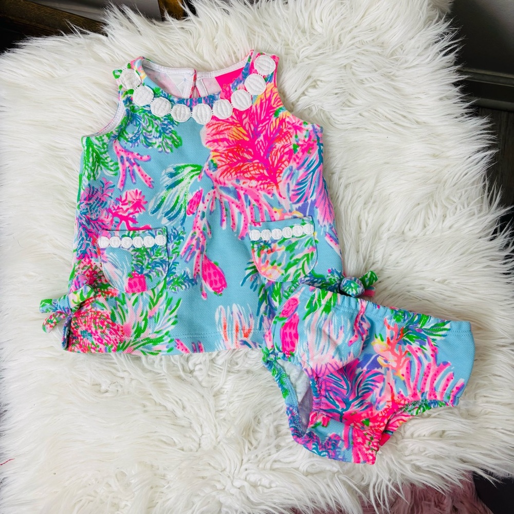 Lilly Pulitzer Blue Multi Tropical Print Girls Dress & Bloomer Set